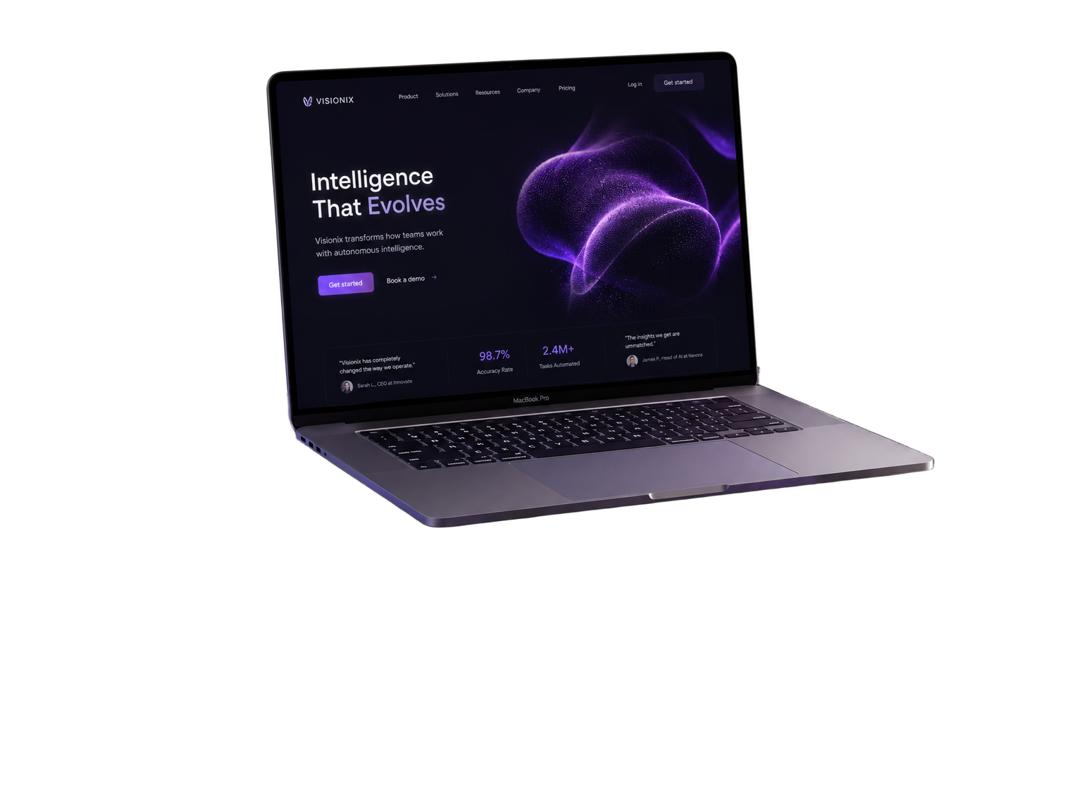 Premium MacBook Pro floating on an island displaying a QIROVA-designed website